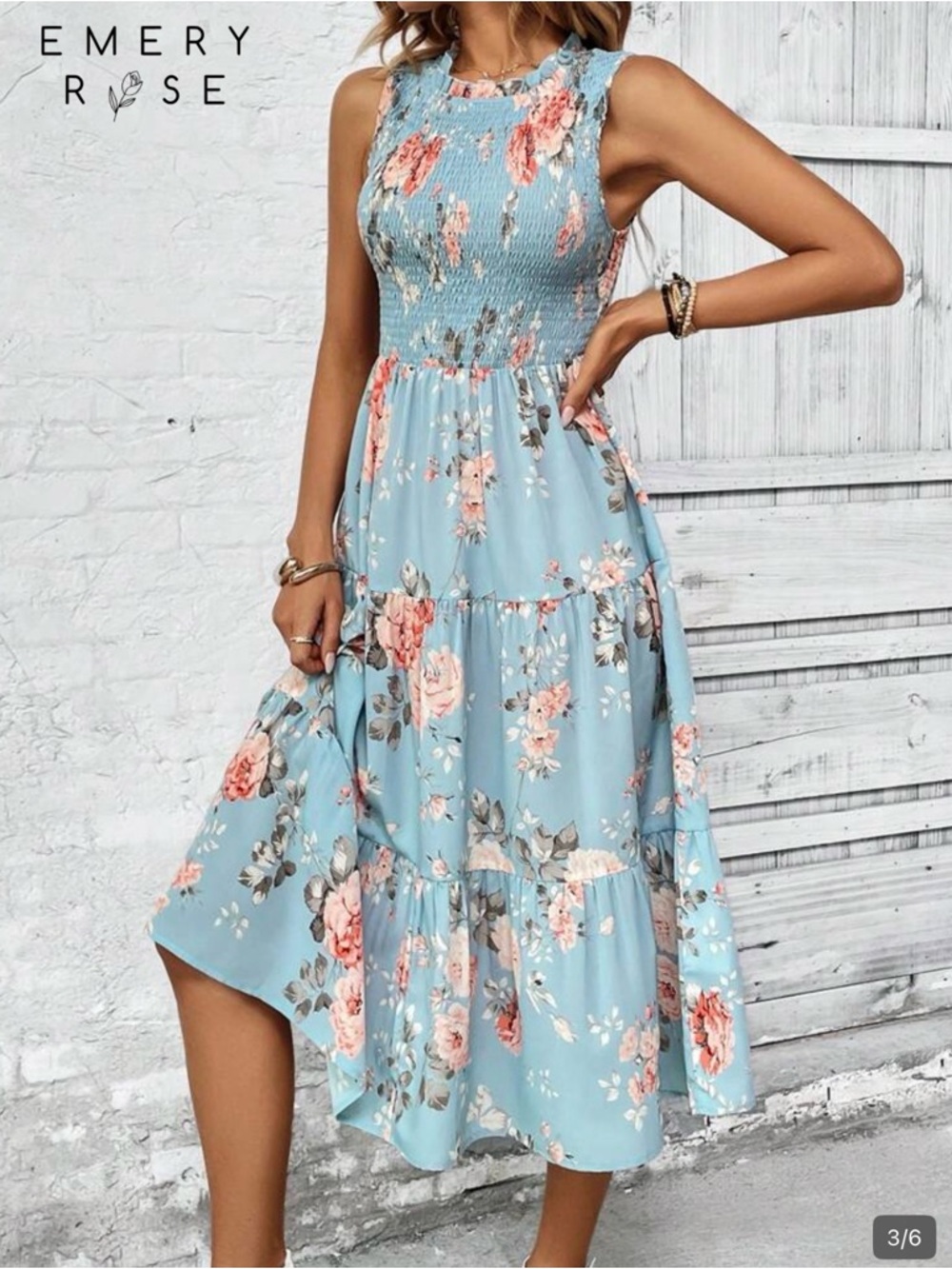 SHEIN Blue Floral Smocked Midi Dress